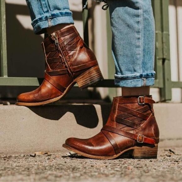 Freebird by Steven- Sammi Boot Multi Strap Leather Ankle Booties Cognac, Size 7 - Picture 1 of 14